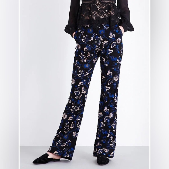 Self Portrait Black Blue Floral Lace Sequin Wide Leg...